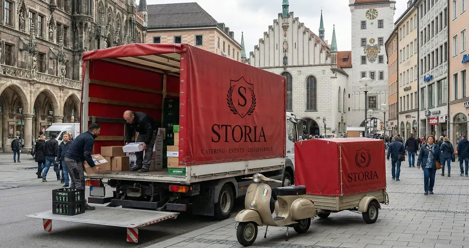 STORIA Catering Lieferservice München – Lieferwagen und Vespa am Marienplatz